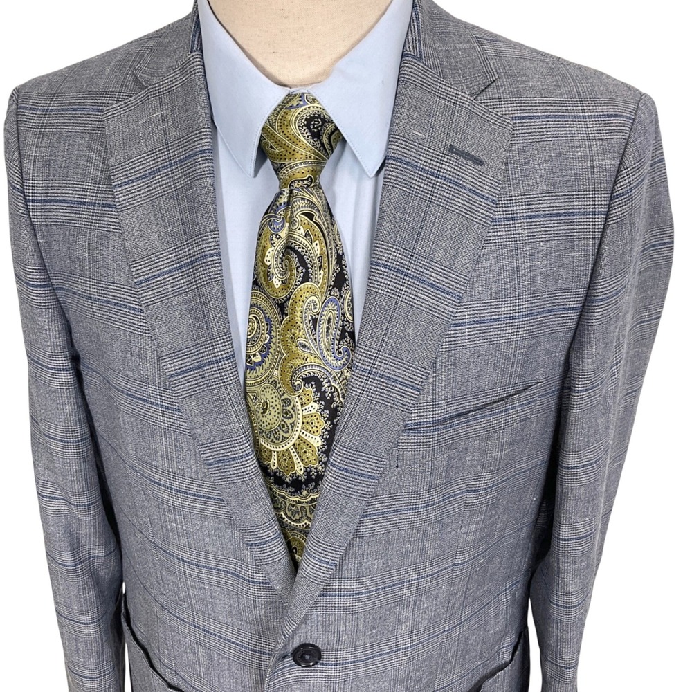 Hart Schaffner Marx Blazer Mens Large Blue Glen Plaid Surgeon Cuffs Linen Jacket